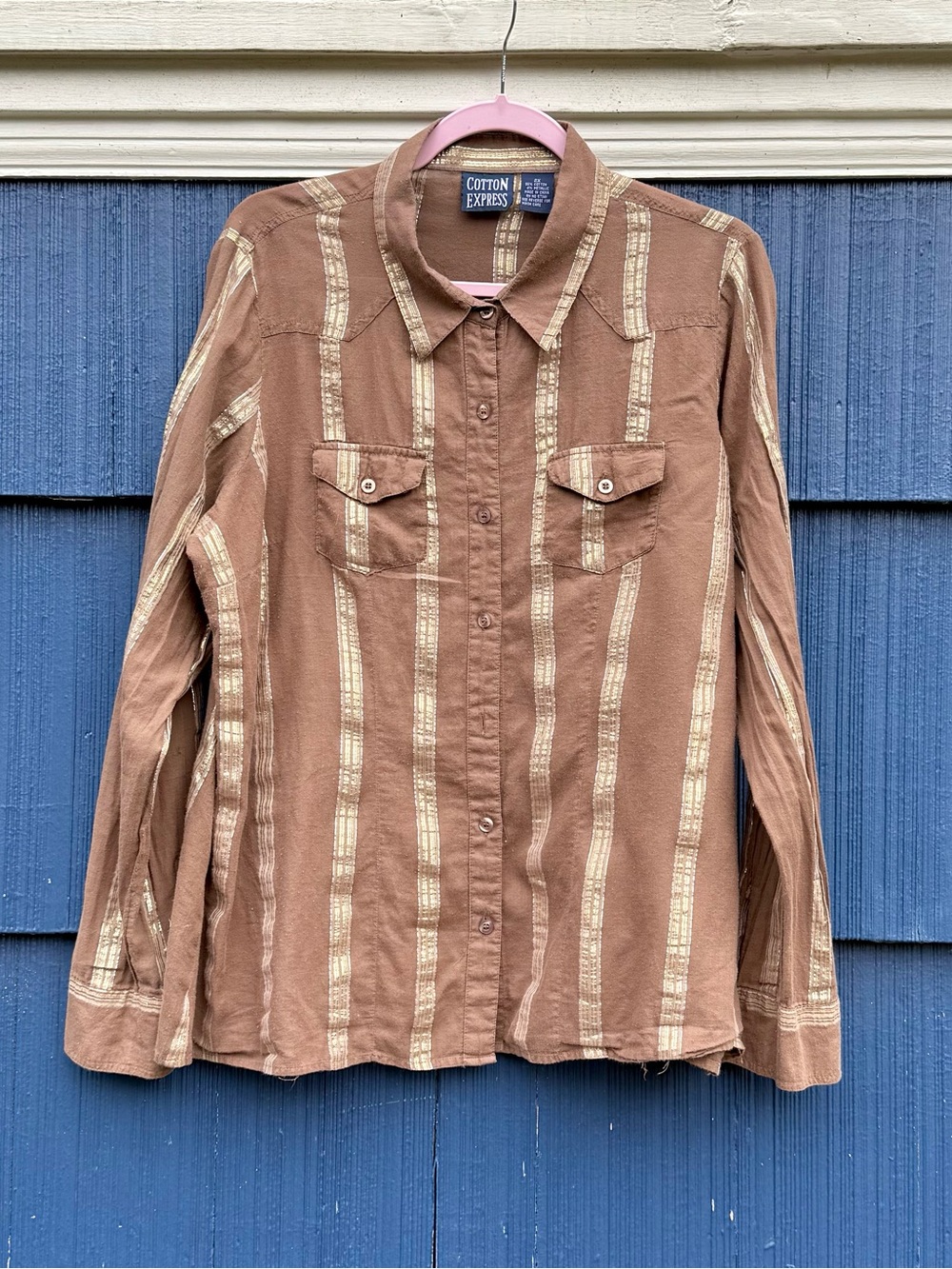 Cotton Express Brown and Cream Vertical Stripe Button Shirt